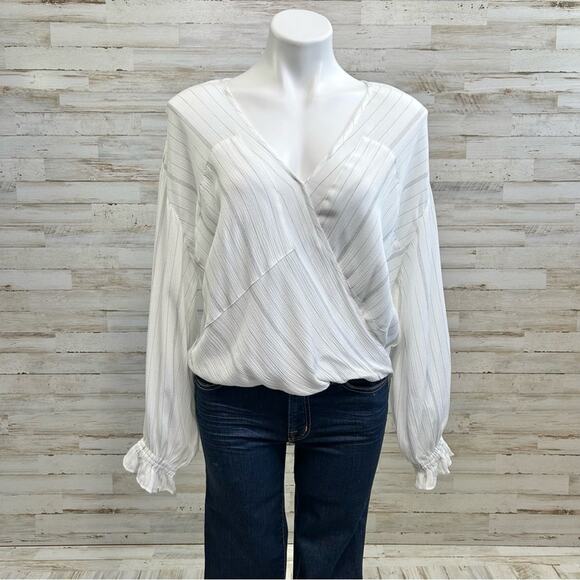 AllSaints Penny Striped Cross Over Top Womens Size XS White Gray Faux Wrap - Picture 2 of 14
